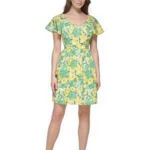 New Kensie Dresses Womens Mini Eyelet Fit & Flare Dress Citron Multi Size 12